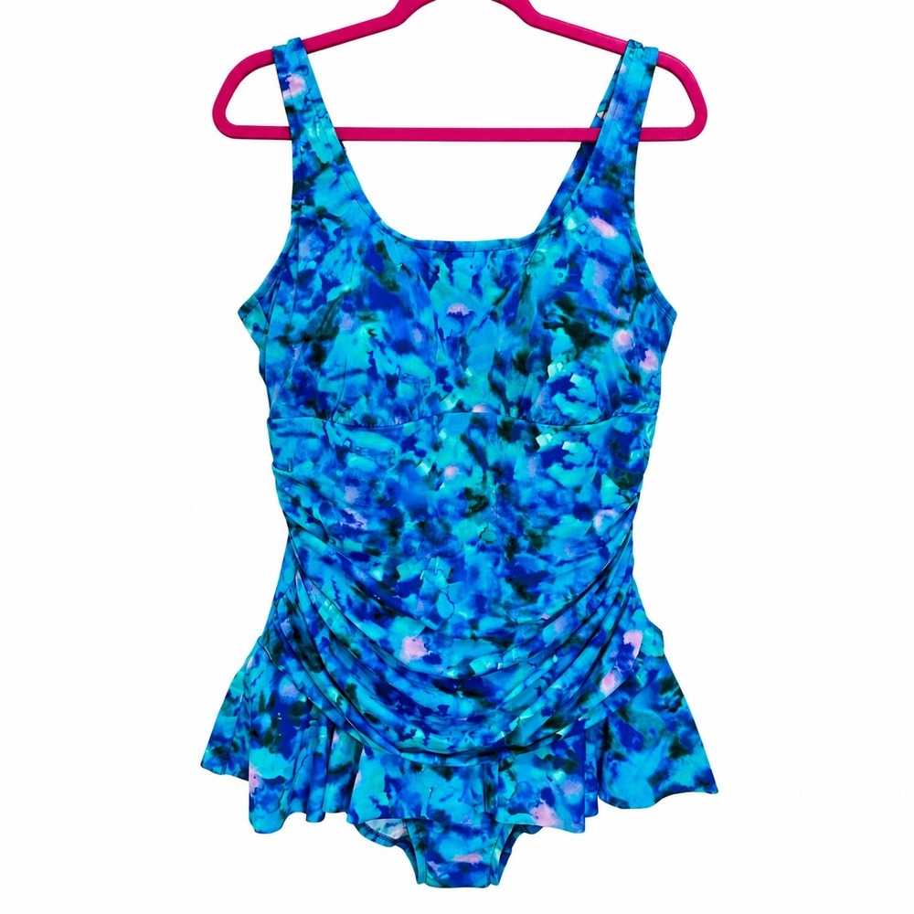 Trimshaper Blue Watercolor Ruched 20W Swimdress One Piece Swimsuit 370183W